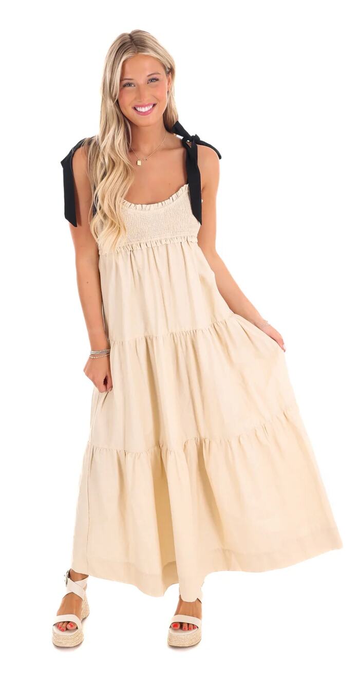 Lalavon Tiered Cottage Maxi Dress Tie Shoulder Womens Size Small Cream Black New
